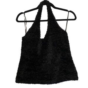 NoBoundaries black fuzzy halter neck tank in black